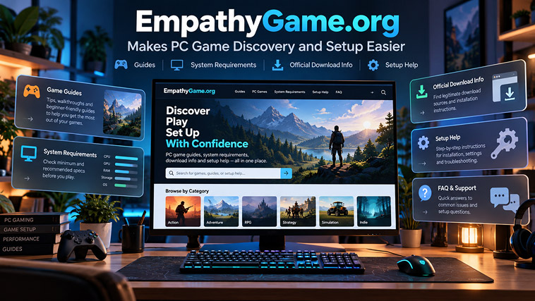 EmpathyGame.org banner showing a PC gaming setup with game guides, system requirements, official download information, and setup help.